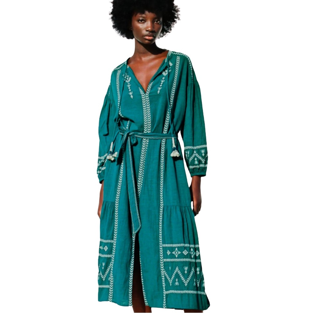 Zara Cotton Midi Dress Embroidered Belted Teal White XS (runs big)